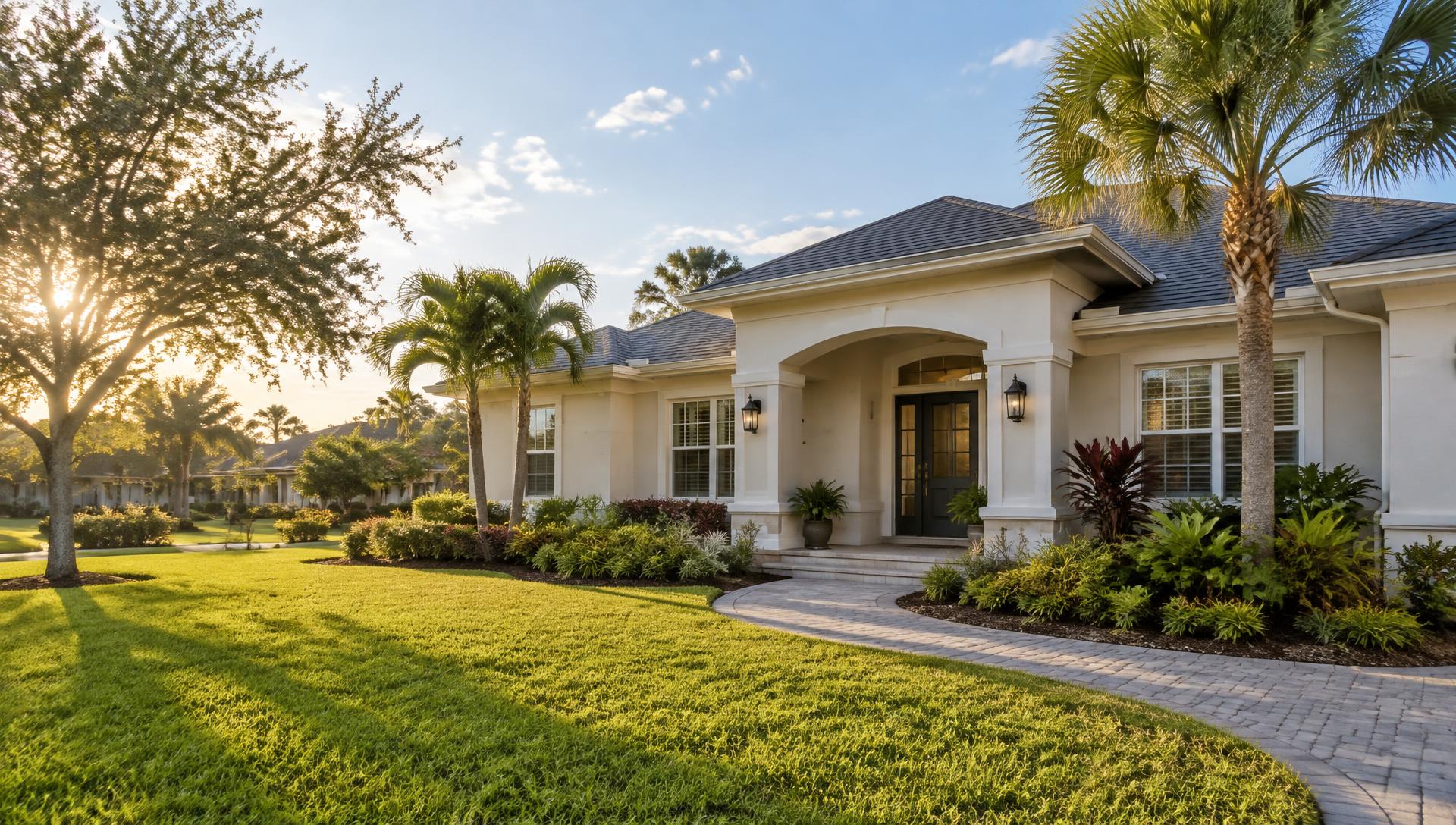 A sunlit Florida home with palms and a welcoming front porch